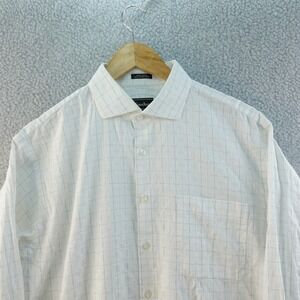VTG 80s Neiman Marcus Mens Dress Shirt 17 34/35 White Grid Pattern Long Sleeve‎